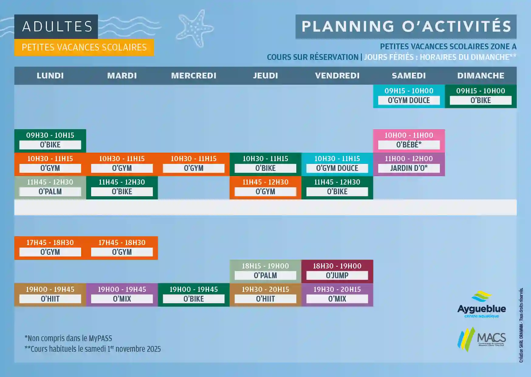 planning O'Activités adultes petites vacances